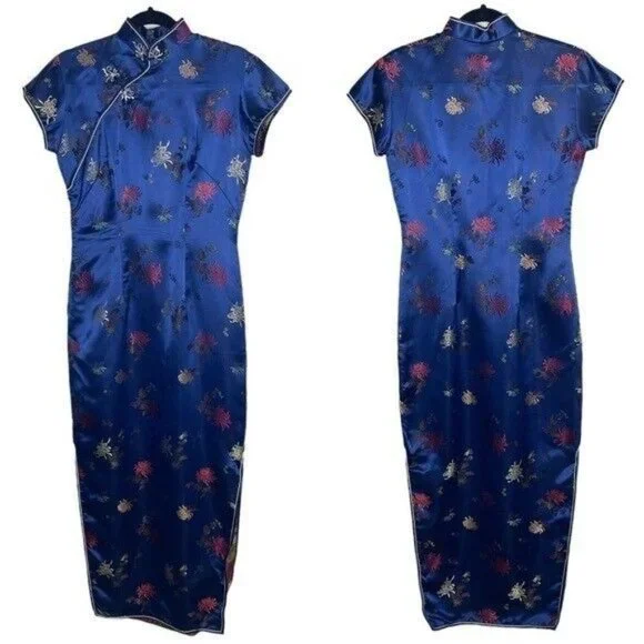 VINTAGE Long Cheongsam Dress Slim Qipao Chinese Lady Satin Dress Gown Size Small - Picture 2 of 11